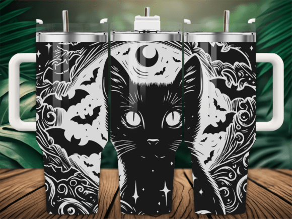 Gothic Black Cat Bat Moon